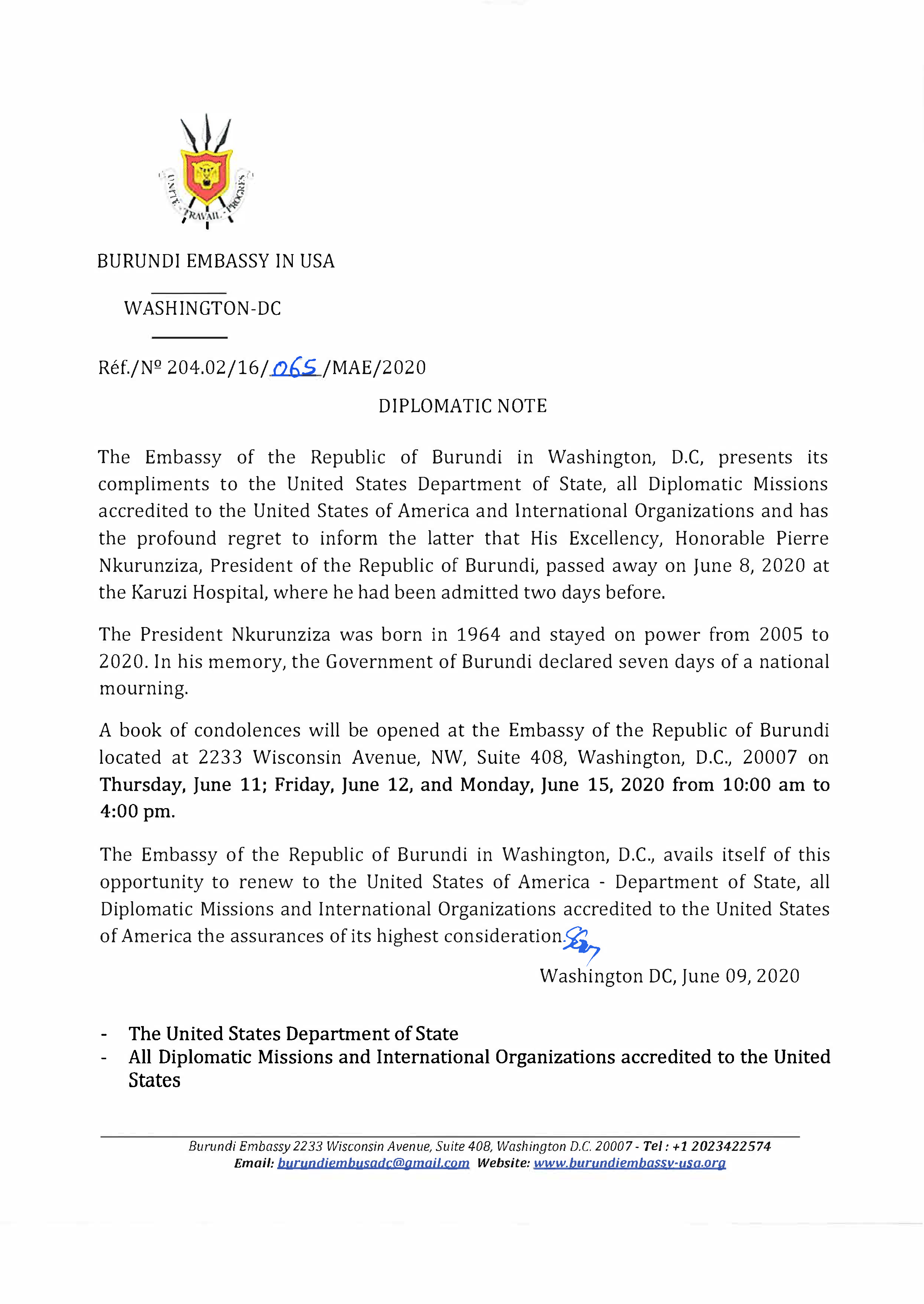 Communiqué on the Passing Away of President Pierre Nkurunziza